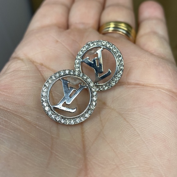 New! LV & Crystals Designer Style Silver Tone Earrings - Picture 2 of 5
